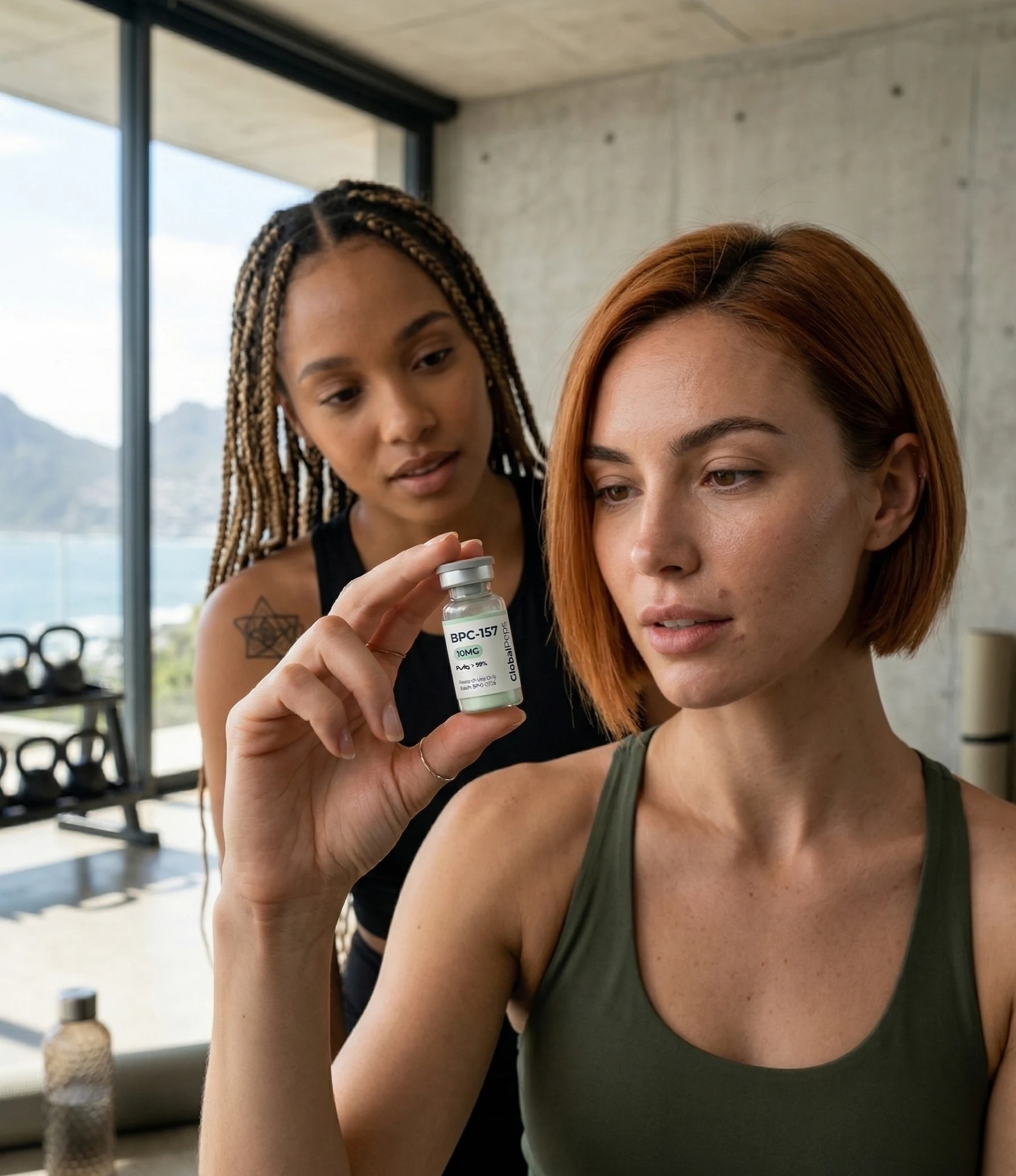 Two women reviewing a vial